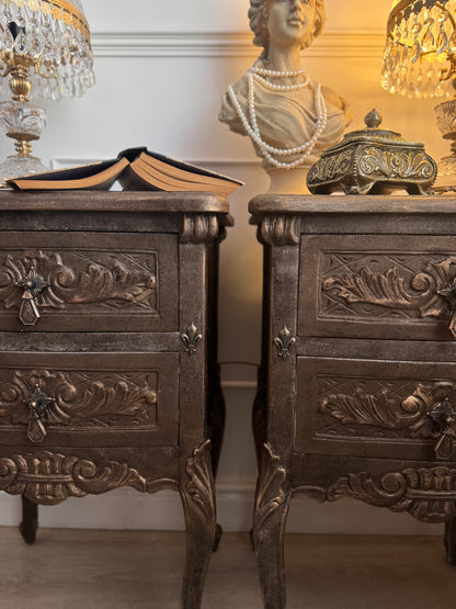 Vintage French Ornate Style Bedside Tables – Gold & Brown | Distressed Upcycled Nightstands
