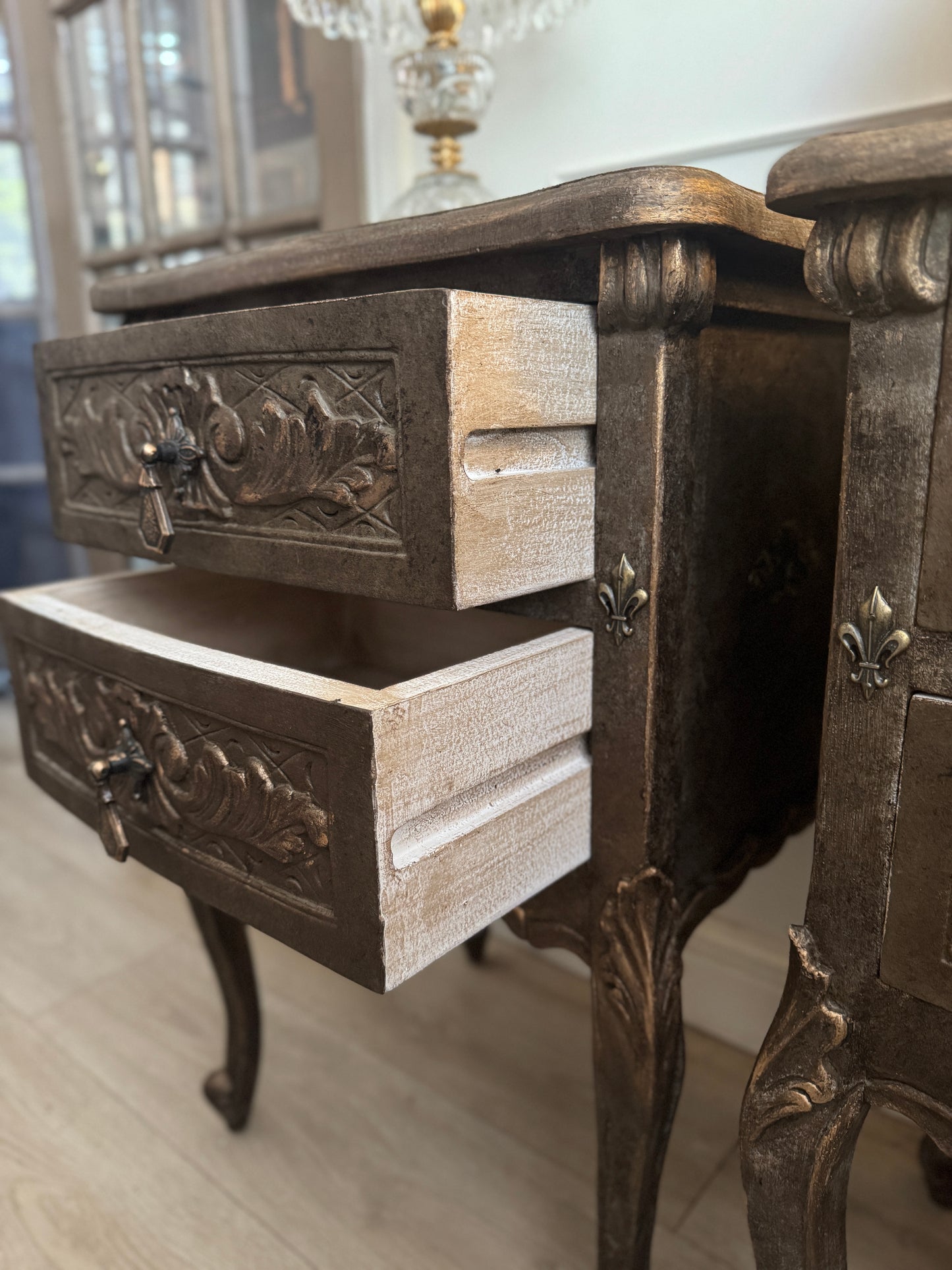 Vintage French Ornate Style Bedside Tables – Gold & Brown | Distressed Upcycled Nightstands