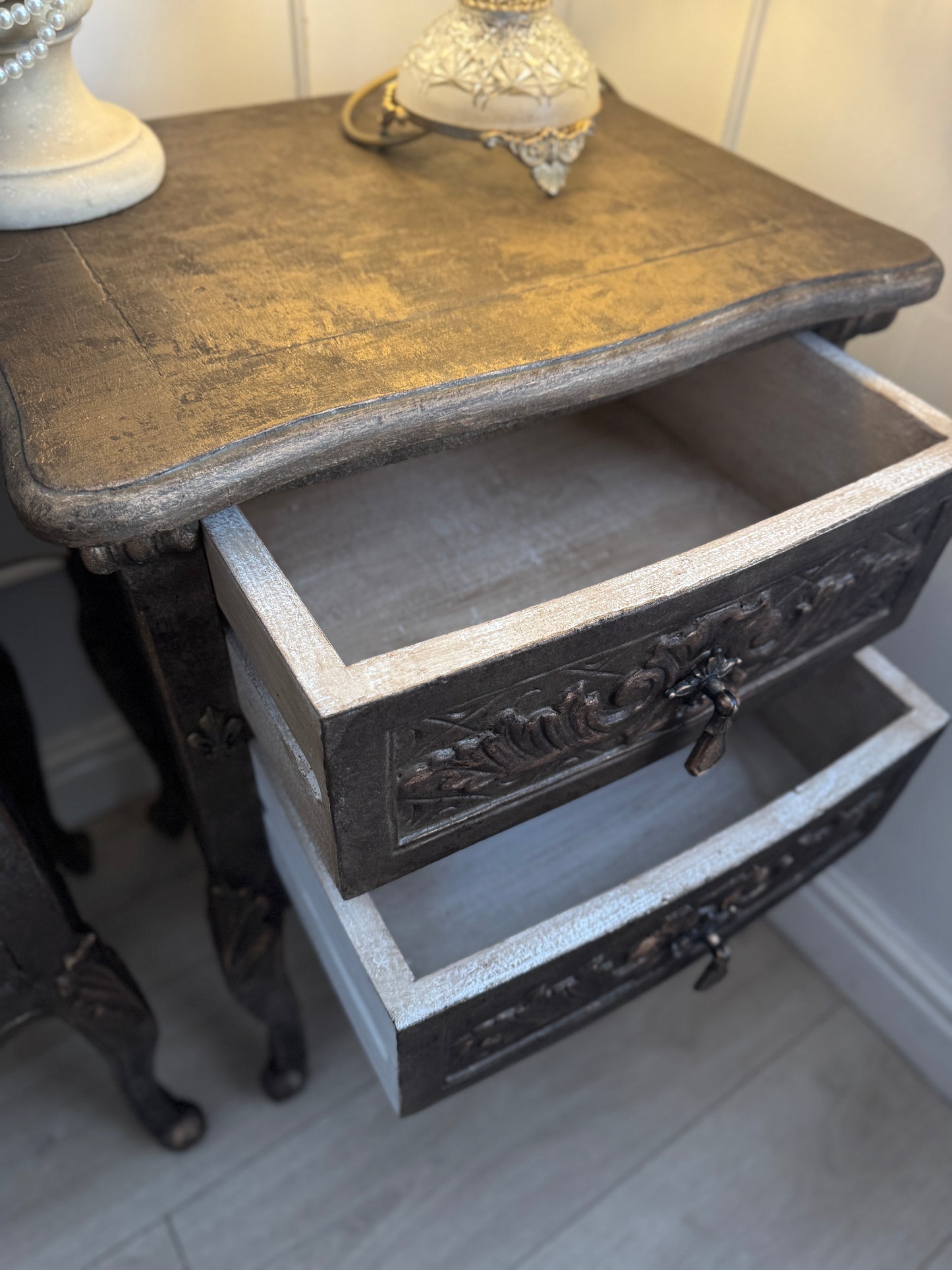 Vintage French Ornate Style Bedside Tables – Gold & Brown | Distressed Upcycled Nightstands