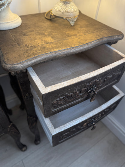 Vintage French Ornate Style Bedside Tables – Gold & Brown | Distressed Upcycled Nightstands