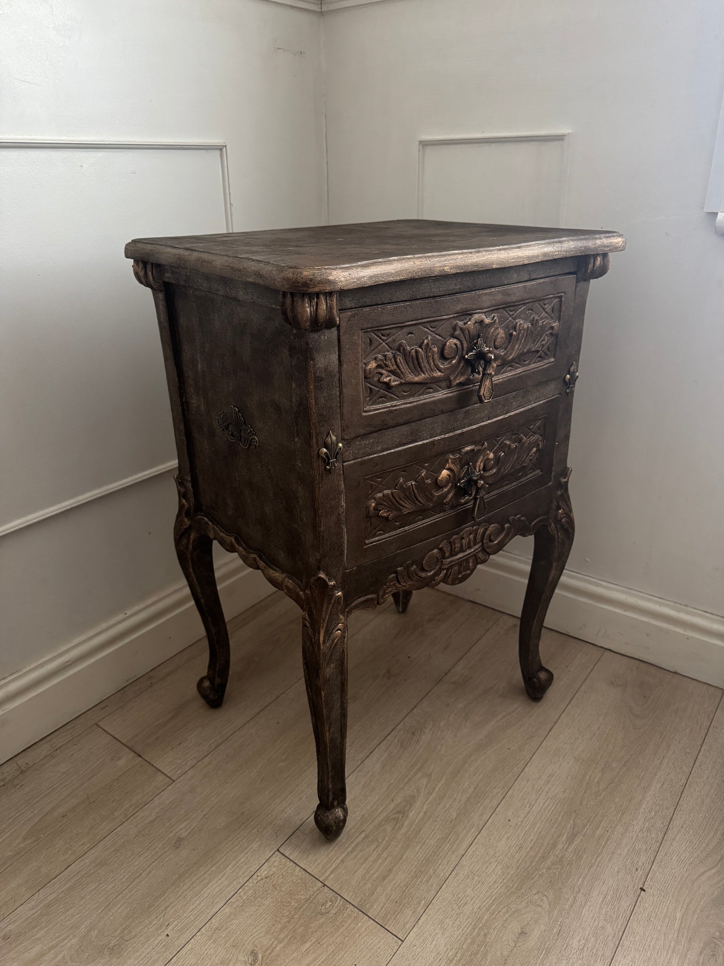 Vintage French Ornate Style Bedside Tables – Gold & Brown | Distressed Upcycled Nightstands