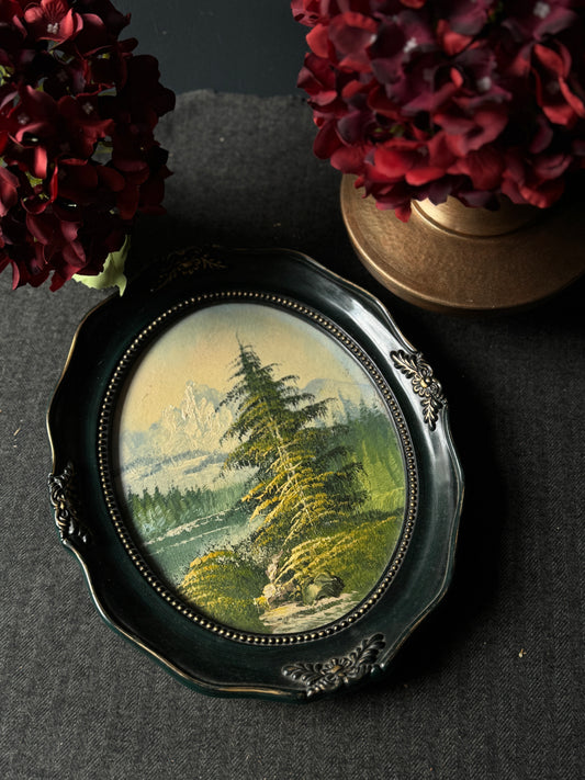 Vintage Oil Painting in Green Oval Resin Frame