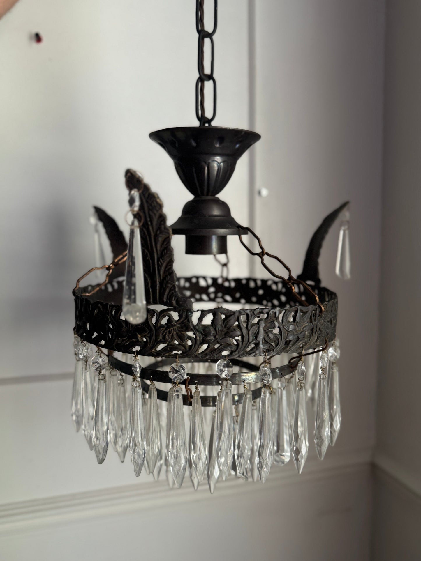 Vintage French Crystal Chandelier 1950s | Antique Cast Iron 2 Tier Lighting | Crystal Drop Fixture