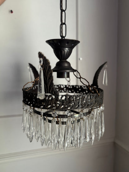 Vintage French Crystal Chandelier 1950s | Antique Cast Iron 2 Tier Lighting | Crystal Drop Fixture