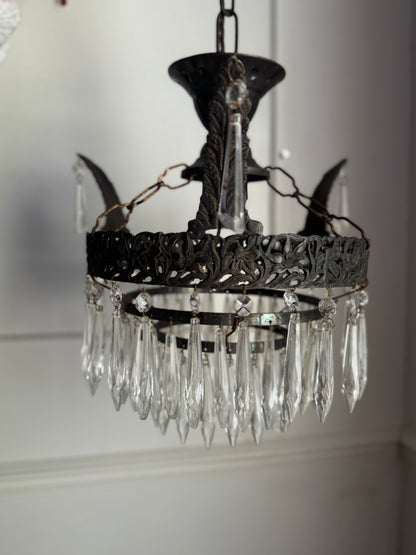 Vintage French Crystal Chandelier 1950s | Antique Cast Iron 2 Tier Lighting | Crystal Drop Fixture