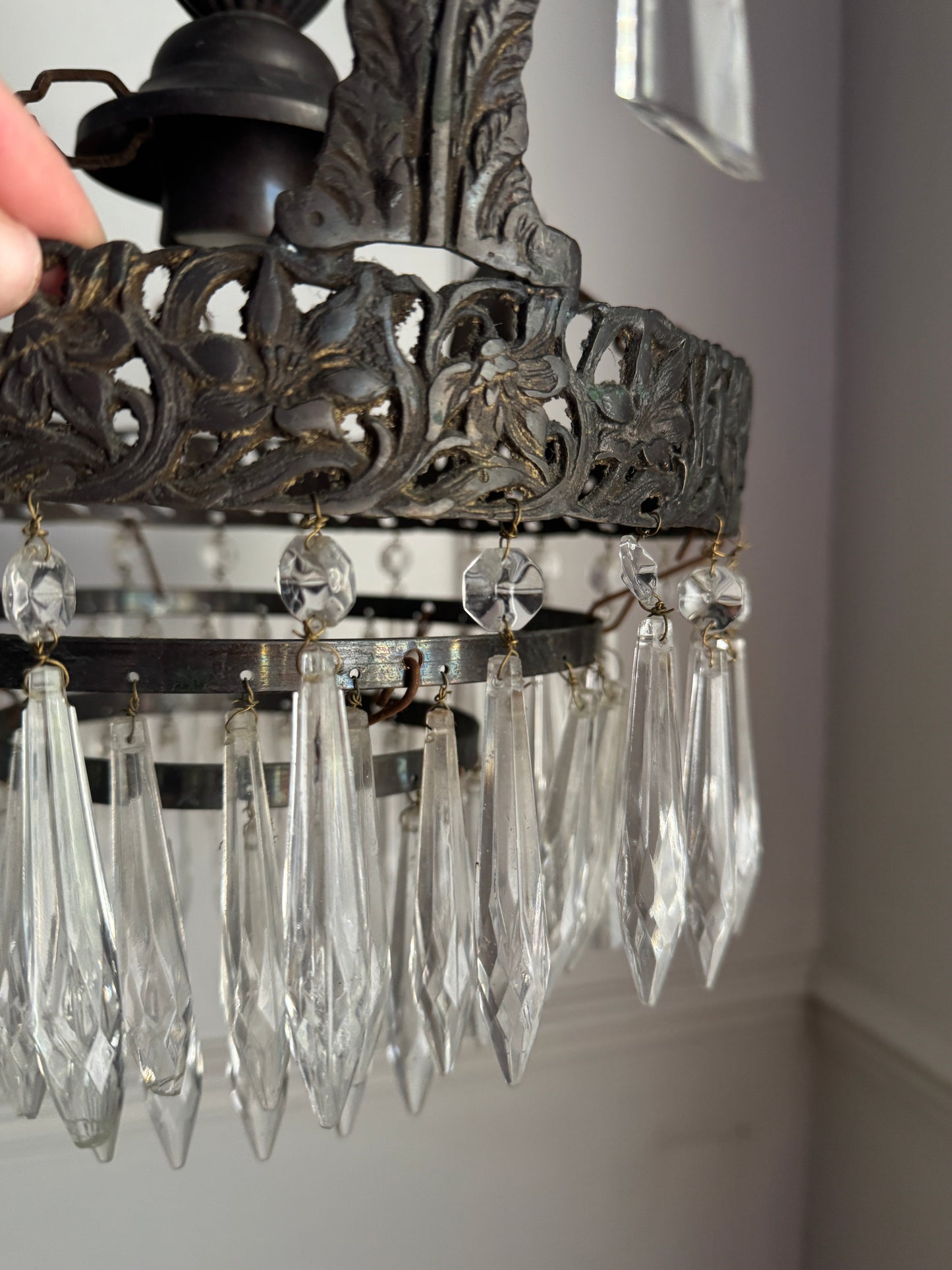 Vintage French Crystal Chandelier 1950s | Antique Cast Iron 2 Tier Lighting | Crystal Drop Fixture