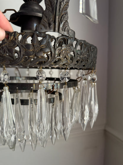 Vintage French Crystal Chandelier 1950s | Antique Cast Iron 2 Tier Lighting | Crystal Drop Fixture