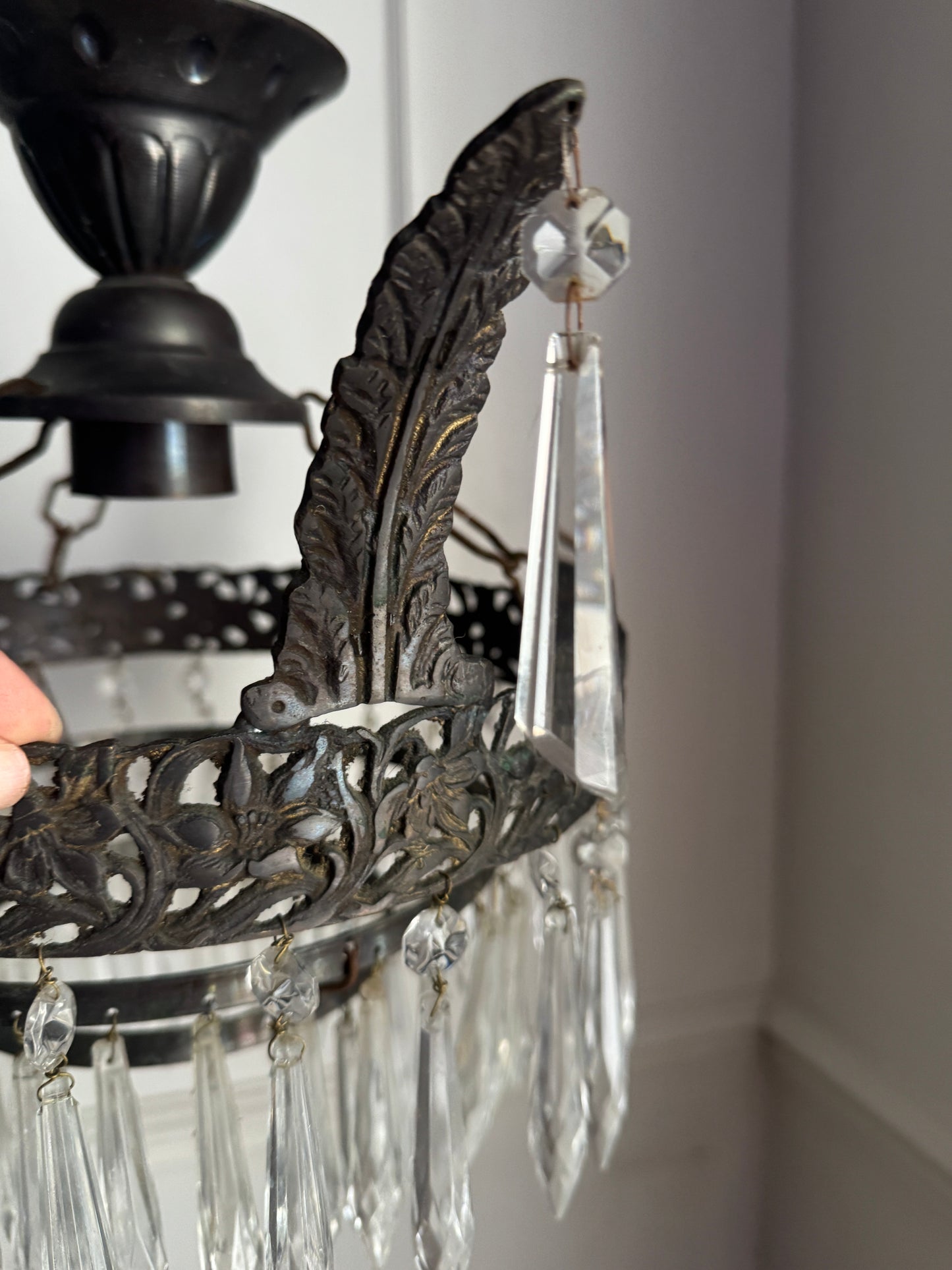 Vintage French Crystal Chandelier 1950s | Antique Cast Iron 2 Tier Lighting | Crystal Drop Fixture