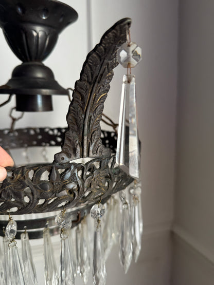 Vintage French Crystal Chandelier 1950s | Antique Cast Iron 2 Tier Lighting | Crystal Drop Fixture