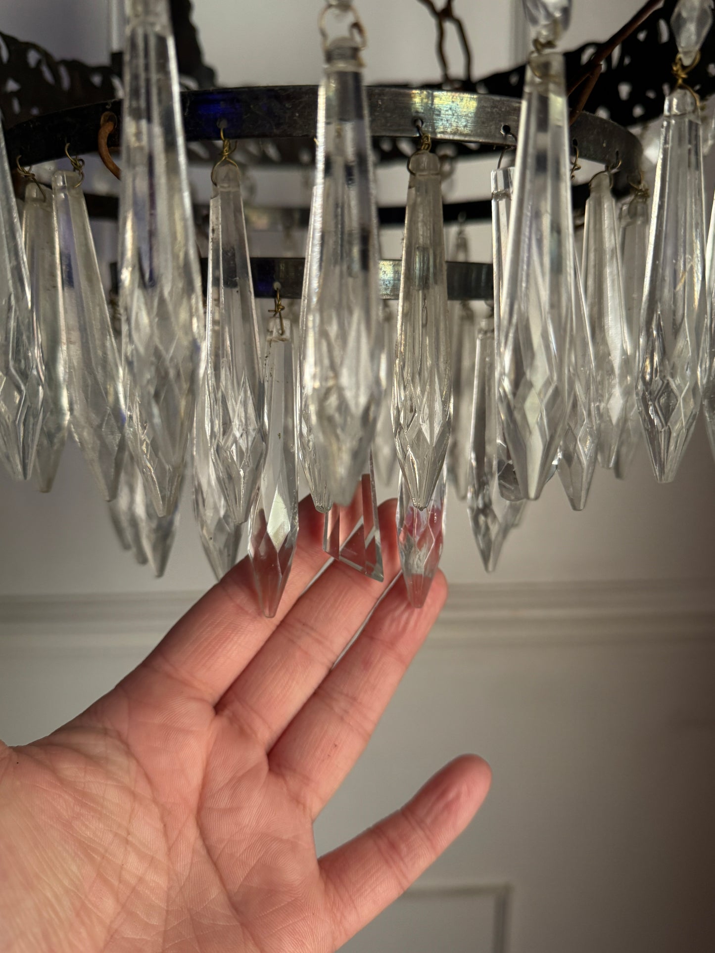 Vintage French Crystal Chandelier 1950s | Antique Cast Iron 2 Tier Lighting | Crystal Drop Fixture