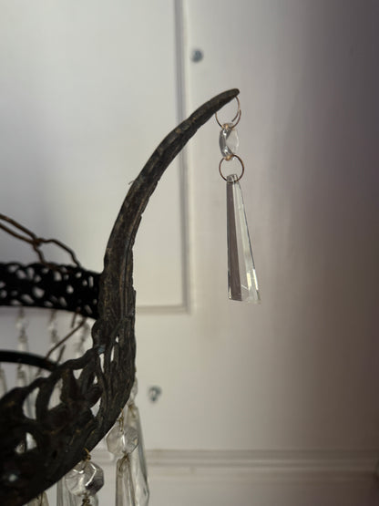 Vintage French Crystal Chandelier 1950s | Antique Cast Iron 2 Tier Lighting | Crystal Drop Fixture