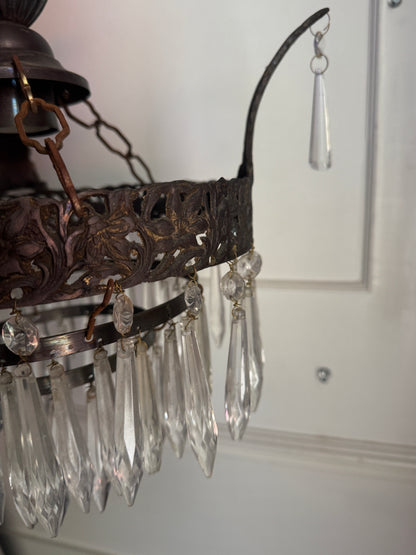 Vintage French Crystal Chandelier 1950s | Antique Cast Iron 2 Tier Lighting | Crystal Drop Fixture