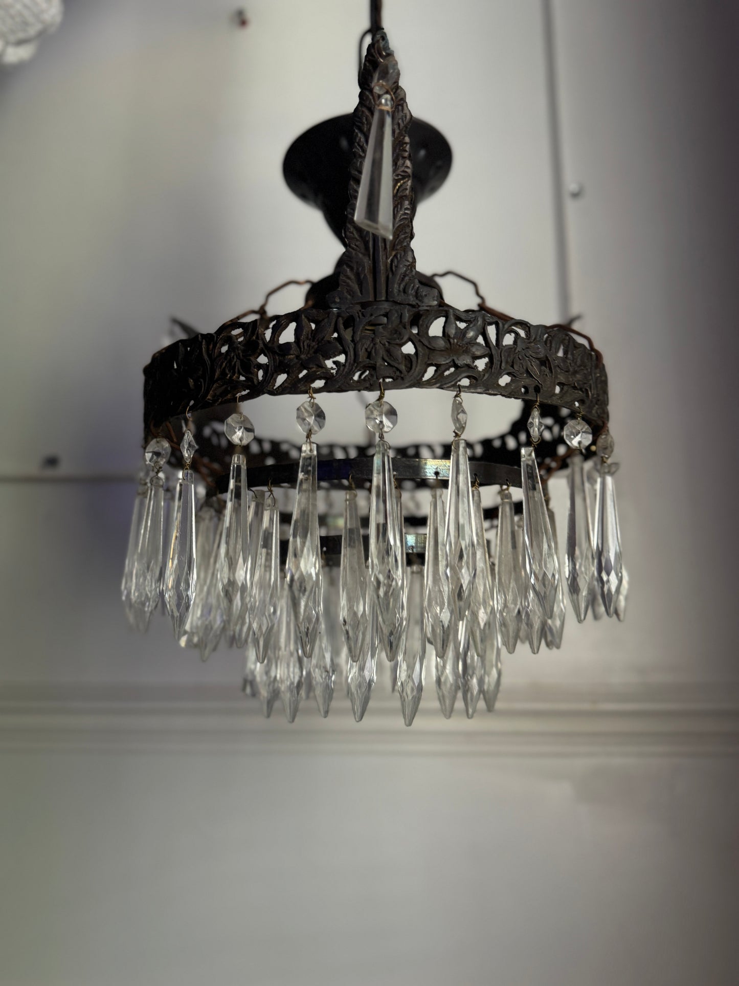 Vintage French Crystal Chandelier 1950s | Antique Cast Iron 2 Tier Lighting | Crystal Drop Fixture