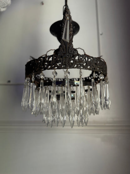 Vintage French Crystal Chandelier 1950s | Antique Cast Iron 2 Tier Lighting | Crystal Drop Fixture