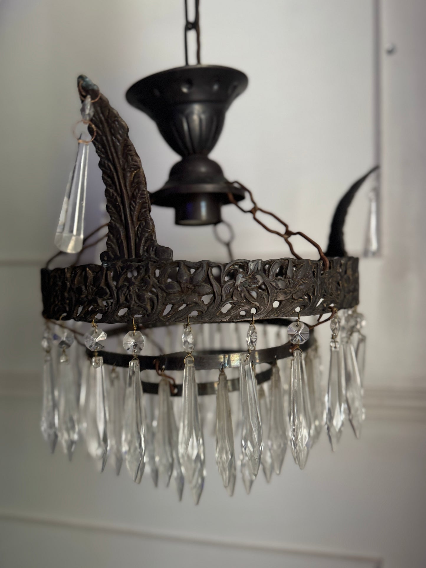 Vintage French Crystal Chandelier 1950s | Antique Cast Iron 2 Tier Lighting | Crystal Drop Fixture