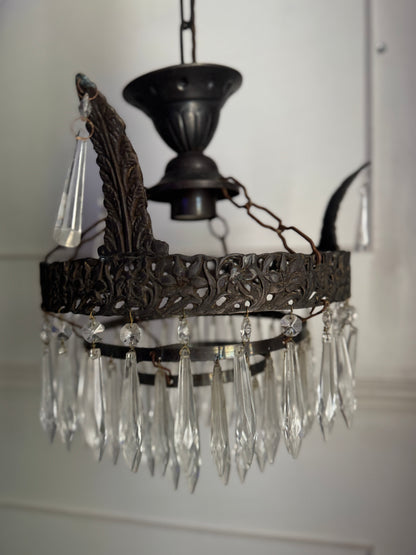 Vintage French Crystal Chandelier 1950s | Antique Cast Iron 2 Tier Lighting | Crystal Drop Fixture