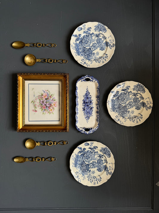 Vintage Kitchen Gallery Wall Set Gold + Blue White Theme -Brass Set, Embroidery in Gilt Frame  + Plates  ( x 9 )