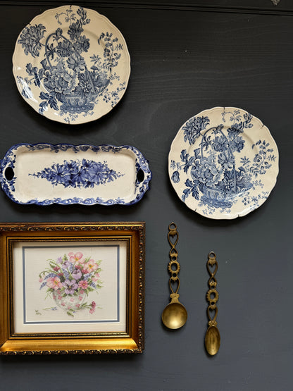 Vintage Kitchen Gallery Wall Set Gold + Blue White Theme -Brass Set, Embroidery in Gilt Frame  + Plates  ( x 9 )