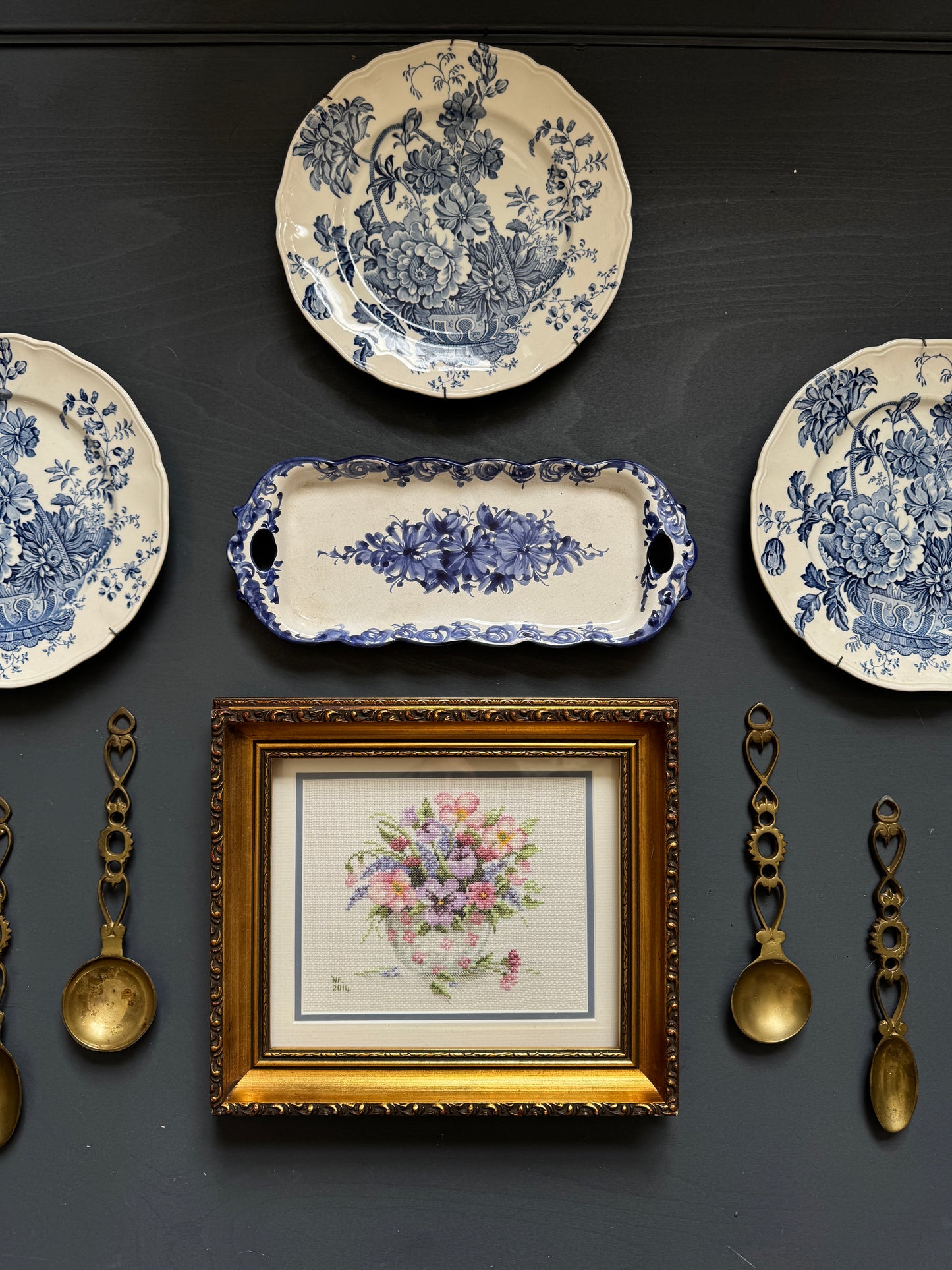 Vintage Kitchen Gallery Wall Set Gold + Blue White Theme -Brass Set, Embroidery in Gilt Frame  + Plates  ( x 9 )
