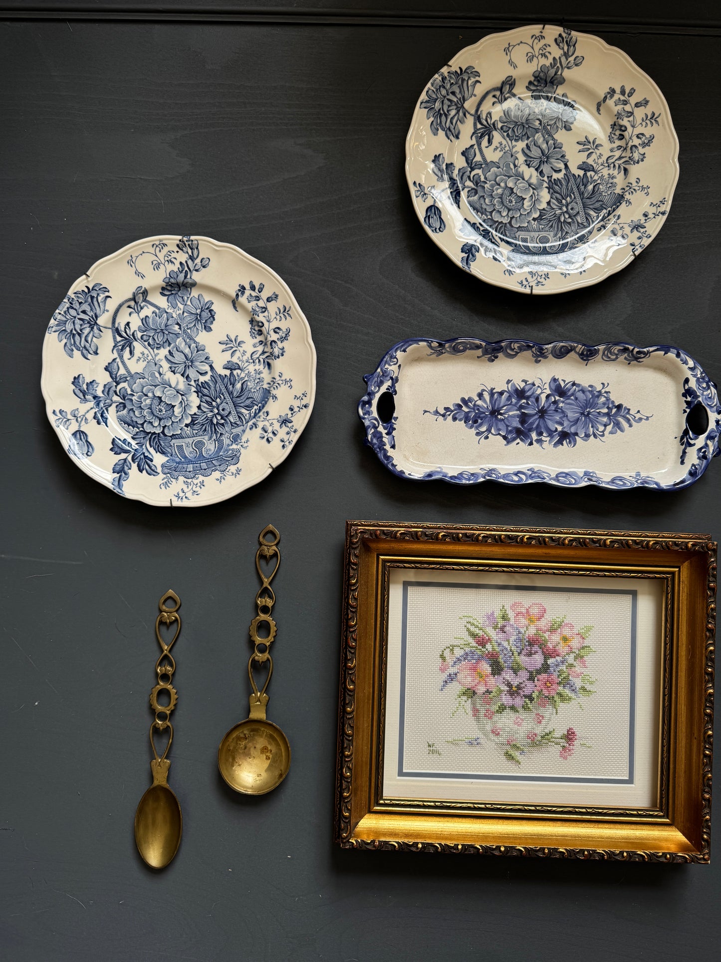 Vintage Kitchen Gallery Wall Set Gold + Blue White Theme -Brass Set, Embroidery in Gilt Frame  + Plates  ( x 9 )