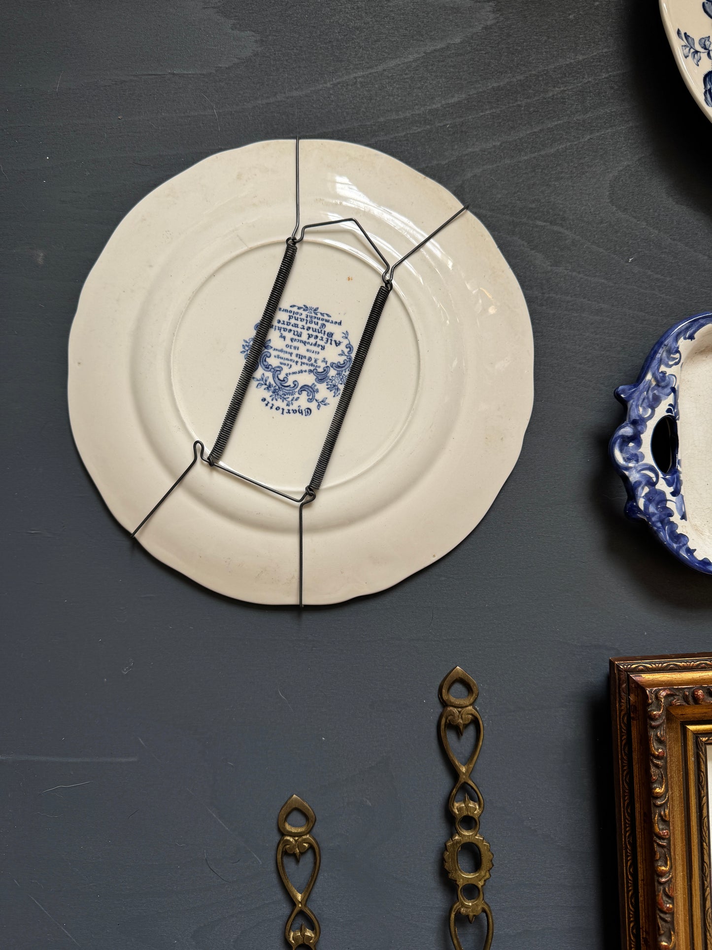 Vintage Kitchen Gallery Wall Set Gold + Blue White Theme -Brass Set, Embroidery in Gilt Frame  + Plates  ( x 9 )