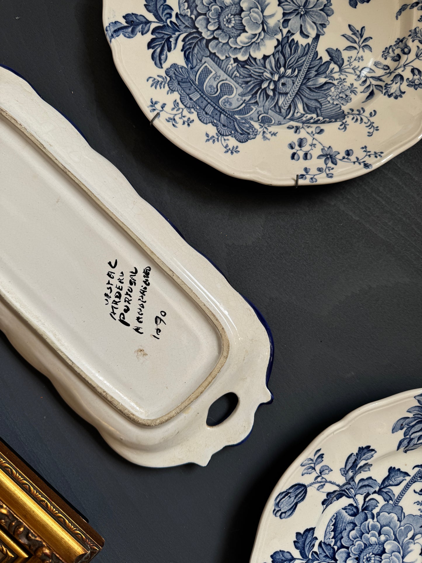 Vintage Kitchen Gallery Wall Set Gold + Blue White Theme -Brass Set, Embroidery in Gilt Frame  + Plates  ( x 9 )