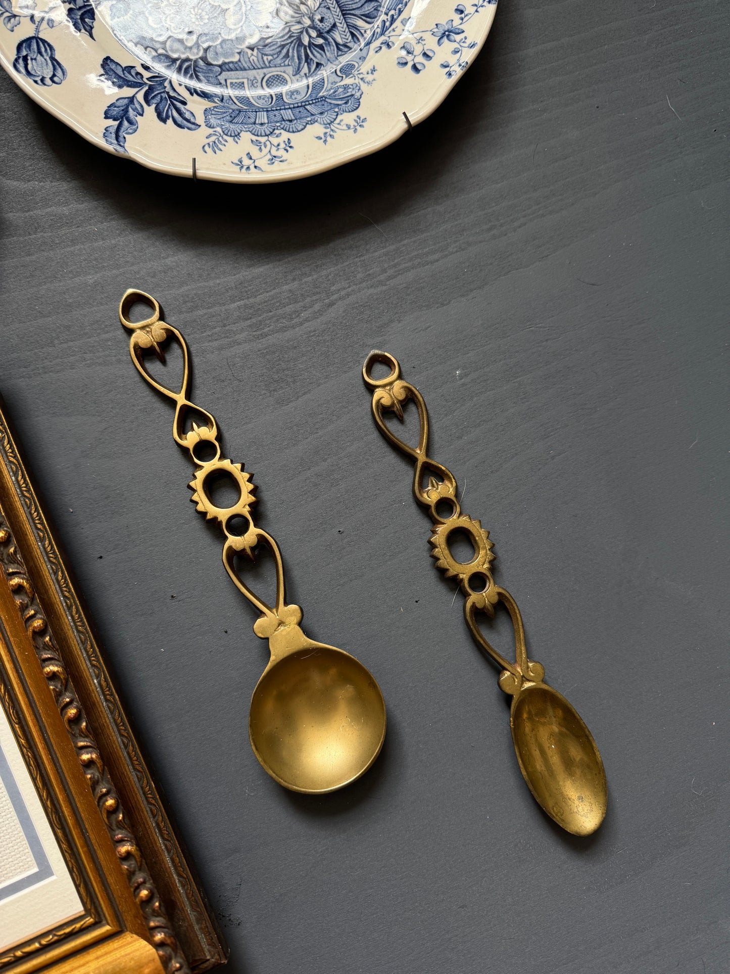 Vintage Kitchen Gallery Wall Set Gold + Blue White Theme -Brass Set, Embroidery in Gilt Frame  + Plates  ( x 9 )