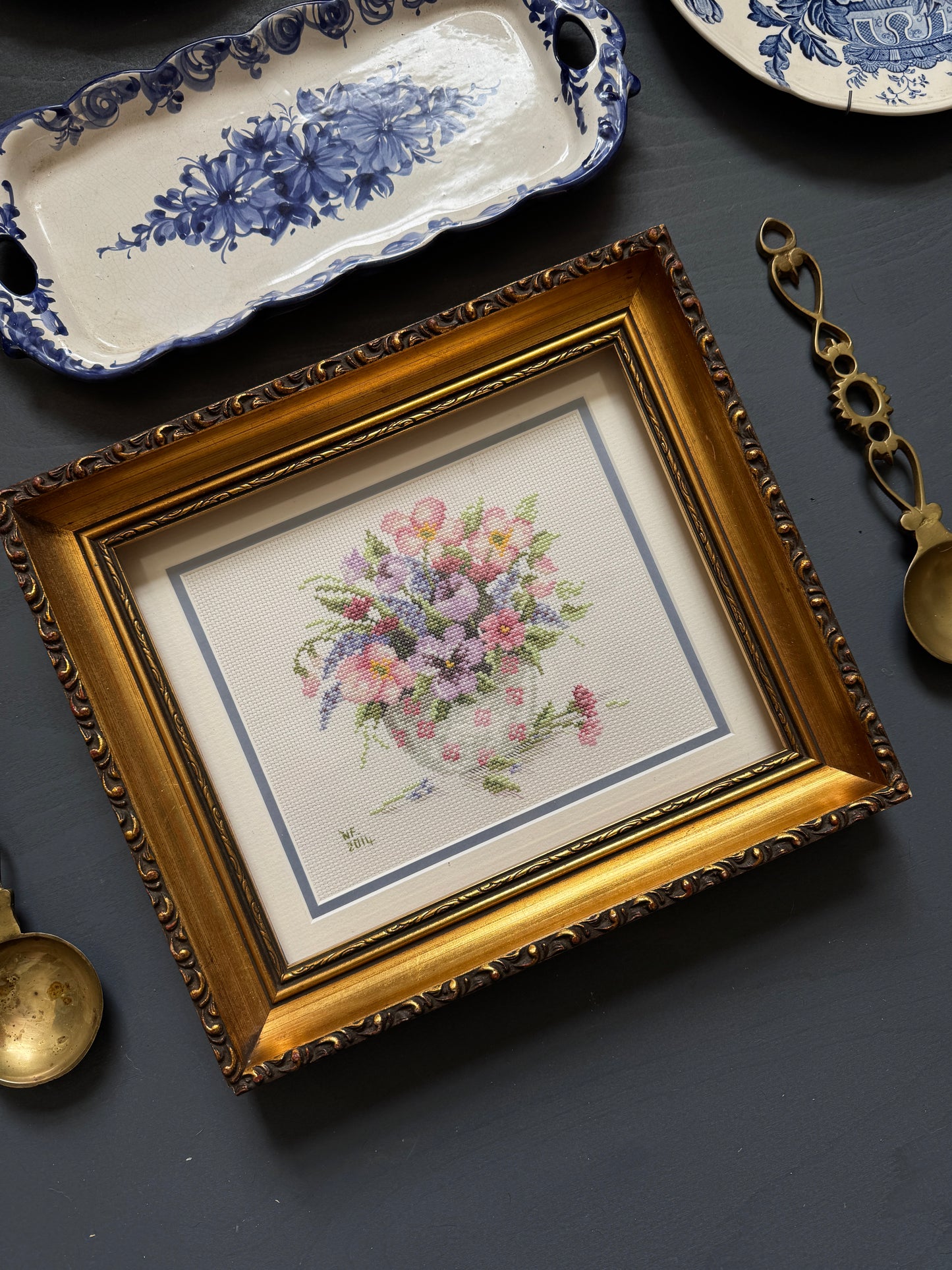 Vintage Kitchen Gallery Wall Set Gold + Blue White Theme -Brass Set, Embroidery in Gilt Frame  + Plates  ( x 9 )