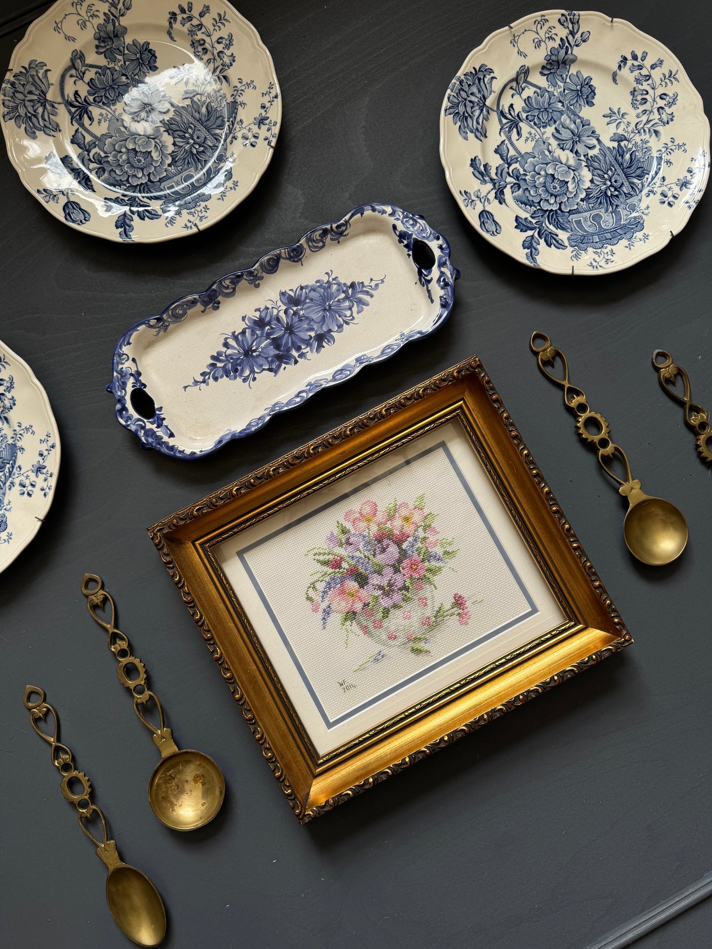 Vintage Kitchen Gallery Wall Set Gold + Blue White Theme -Brass Set, Embroidery in Gilt Frame  + Plates  ( x 9 )