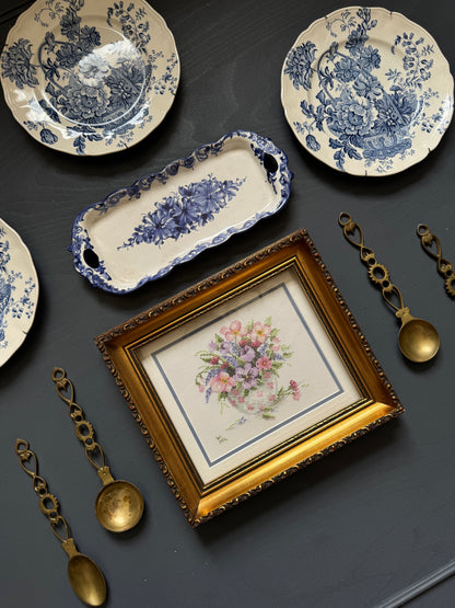 Vintage Kitchen Gallery Wall Set Gold + Blue White Theme -Brass Set, Embroidery in Gilt Frame  + Plates  ( x 9 )