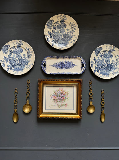 Vintage Kitchen Gallery Wall Set Gold + Blue White Theme -Brass Set, Embroidery in Gilt Frame  + Plates  ( x 9 )