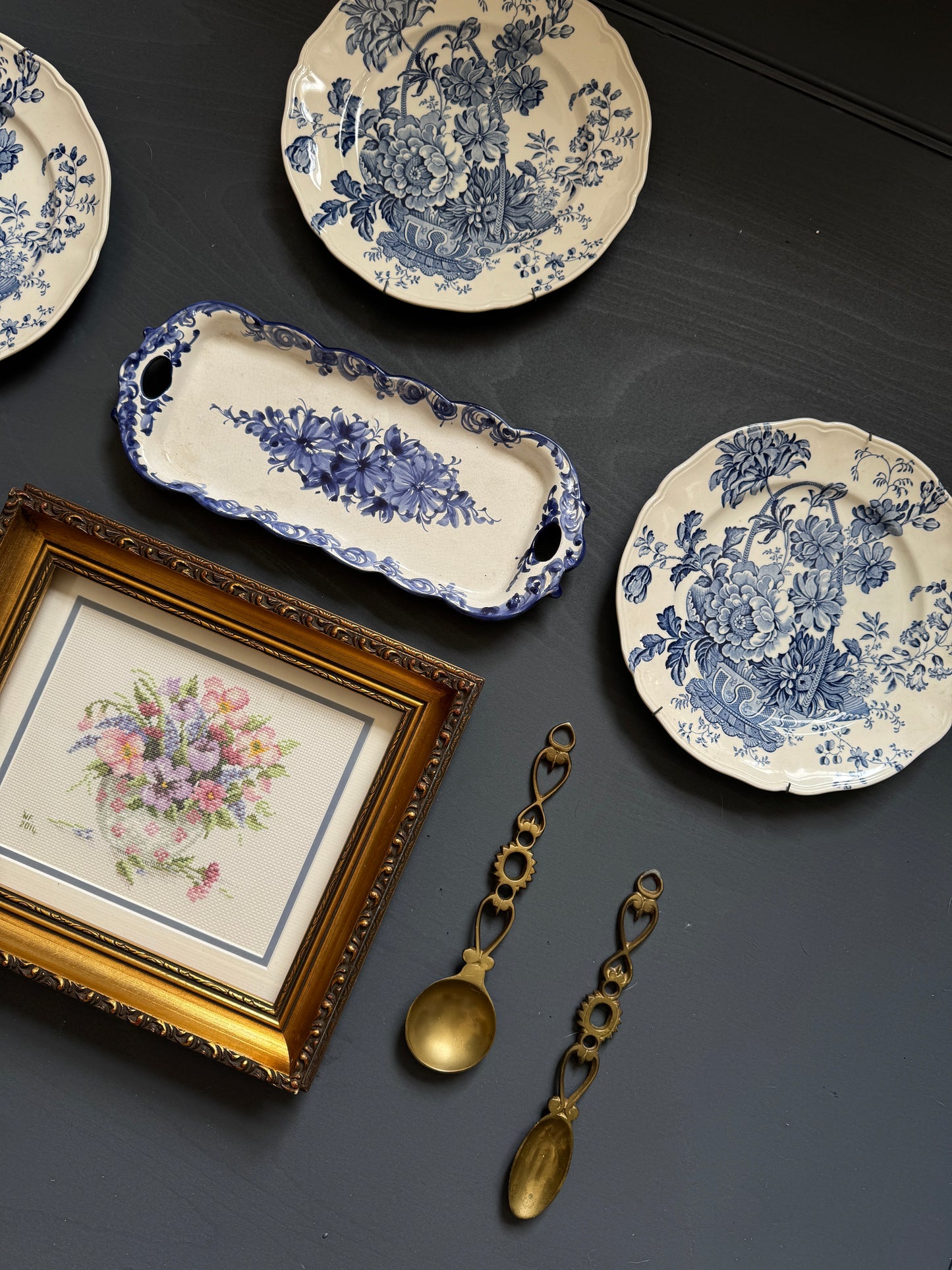 Vintage Kitchen Gallery Wall Set Gold + Blue White Theme -Brass Set, Embroidery in Gilt Frame  + Plates  ( x 9 )