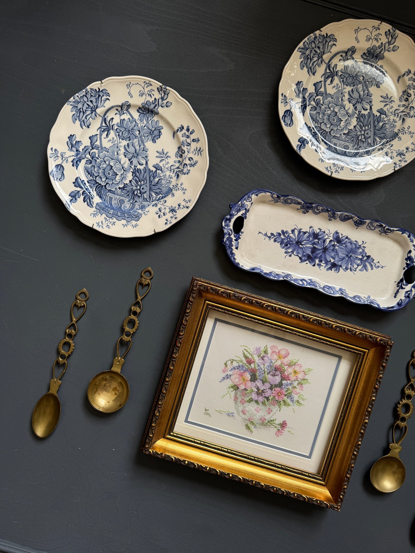 Vintage Kitchen Gallery Wall Set Gold + Blue White Theme -Brass Set, Embroidery in Gilt Frame  + Plates  ( x 9 )