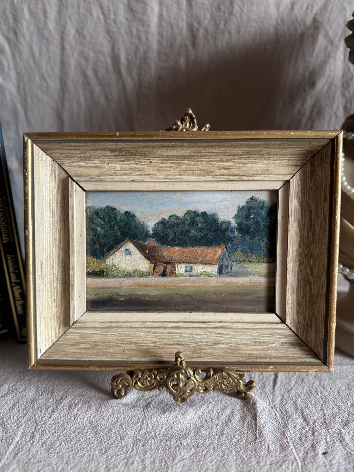 Antique Early 20th Century Landscape Oil Painting, Small Rural Countryside Art