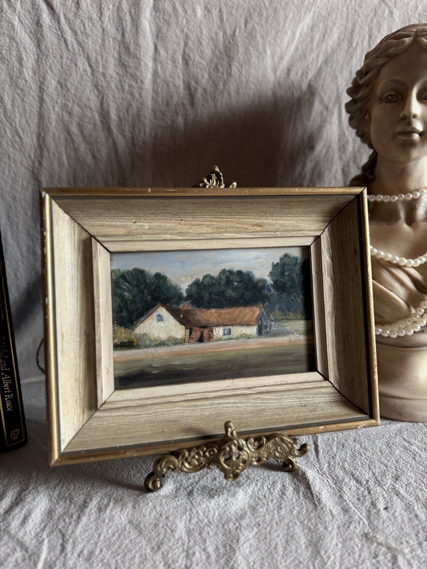 Antique Early 20th Century Landscape Oil Painting, Small Rural Countryside Art