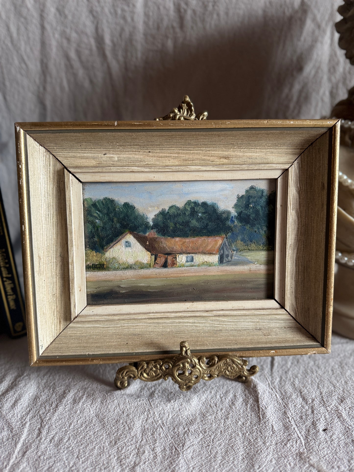 Antique Early 20th Century Landscape Oil Painting, Small Rural Countryside Art
