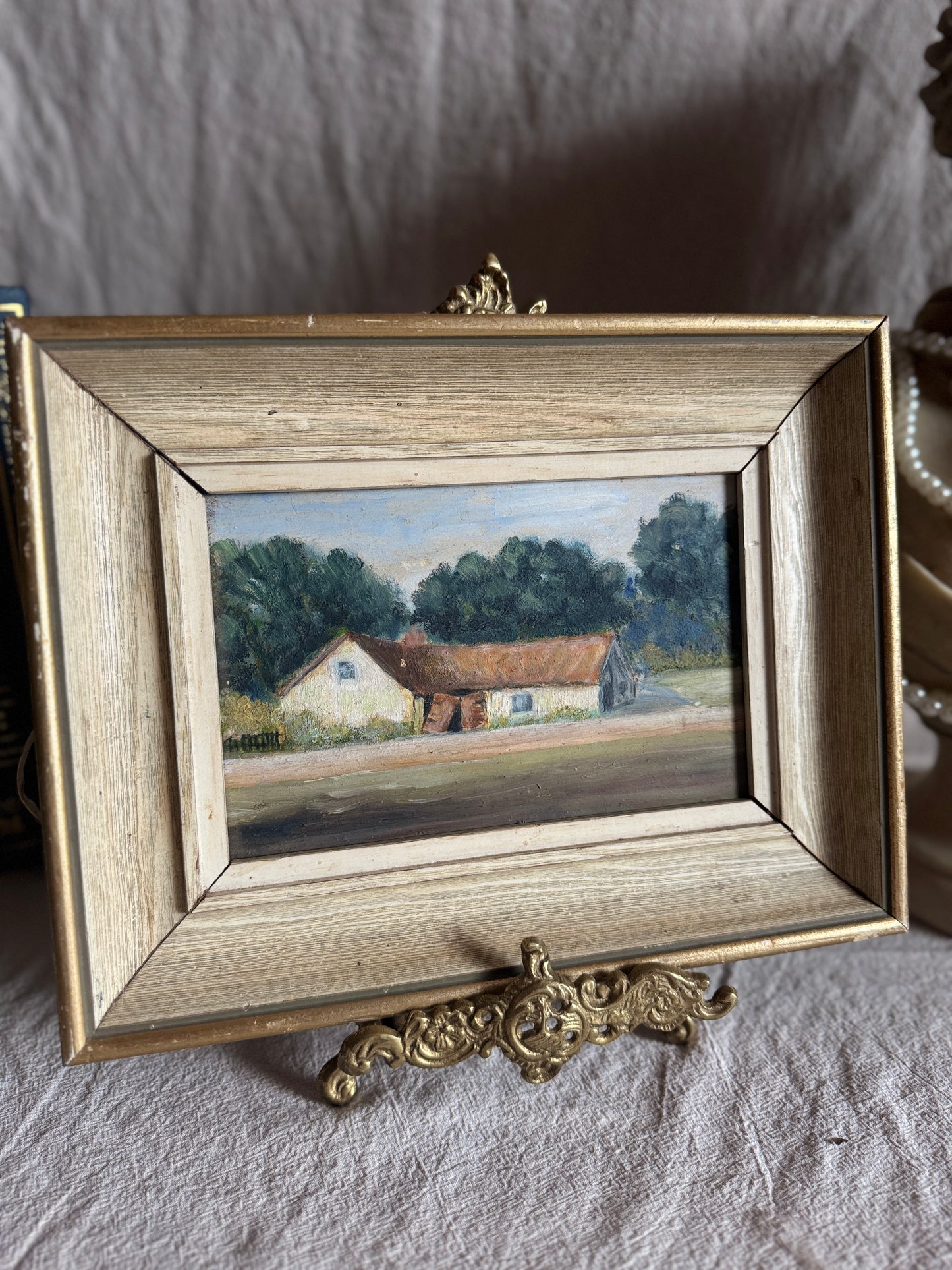 Antique Early 20th Century Landscape Oil Painting, Small Rural Countryside Art