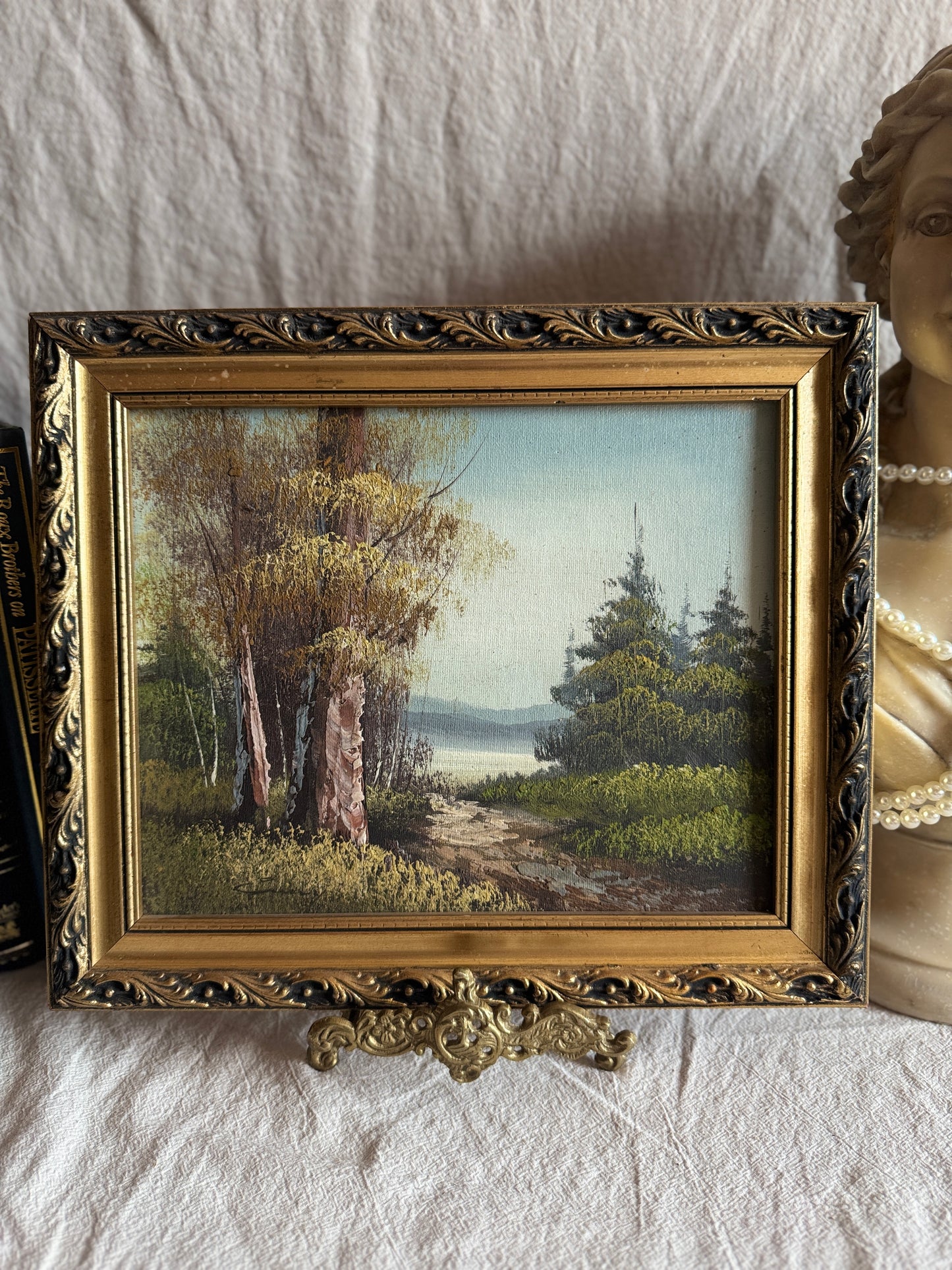 Mid Century Oil Painting – Signed Landscape with Trees by the Lake