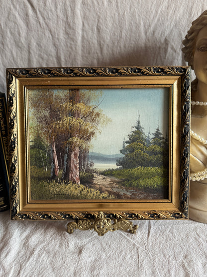 Mid Century Oil Painting – Signed Landscape with Trees by the Lake