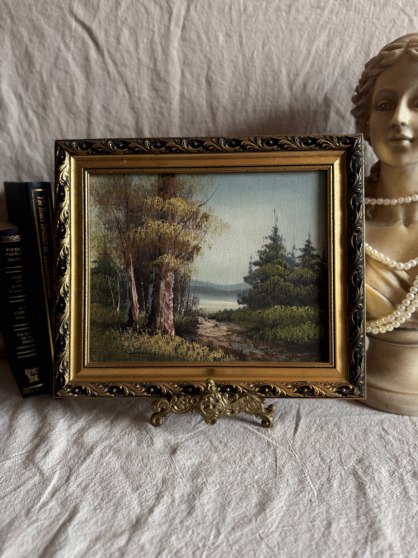 Mid Century Oil Painting – Signed Landscape with Trees by the Lake