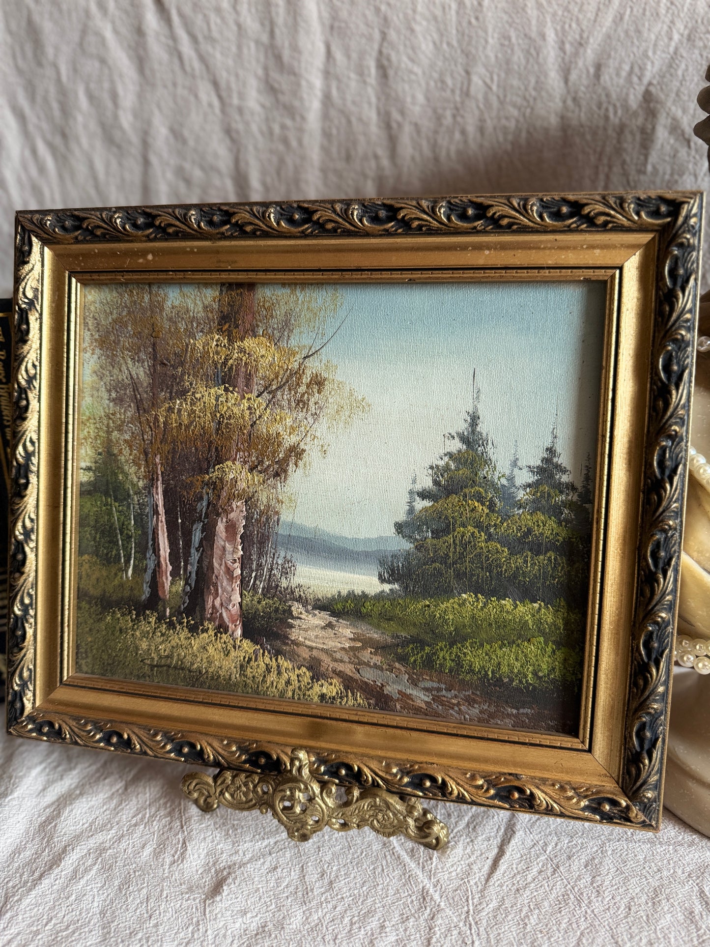 Mid Century Oil Painting – Signed Landscape with Trees by the Lake