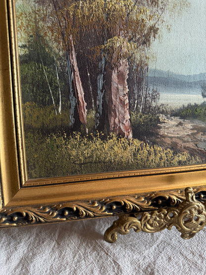 Mid Century Oil Painting – Signed Landscape with Trees by the Lake