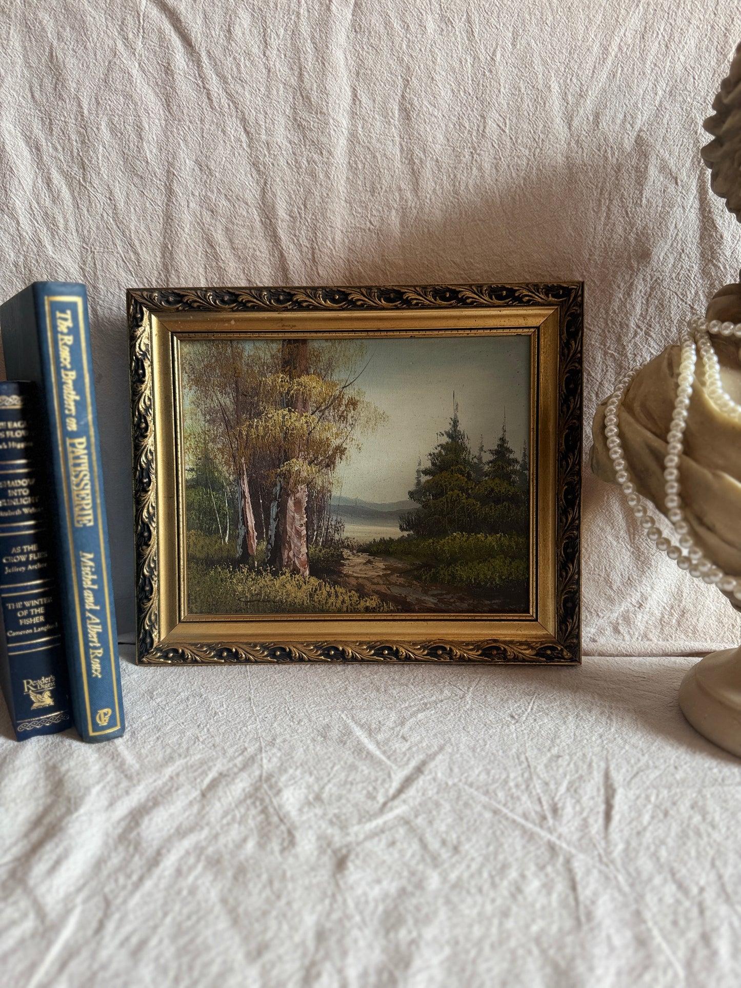 Mid Century Oil Painting – Signed Landscape with Trees by the Lake