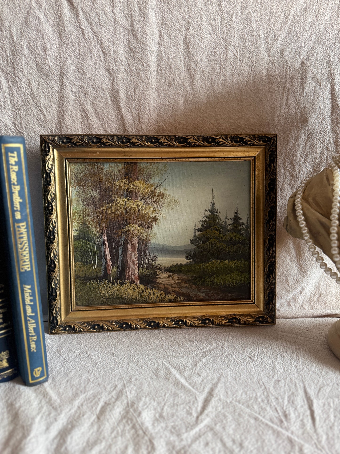 Mid Century Oil Painting – Signed Landscape with Trees by the Lake
