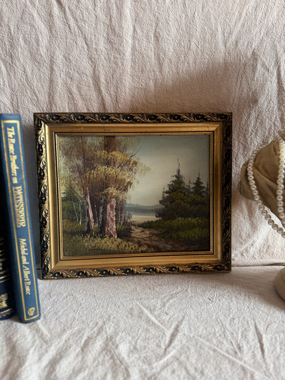 Mid Century Oil Painting – Signed Landscape with Trees by the Lake