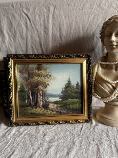 Mid Century Oil Painting – Signed Landscape with Trees by the Lake