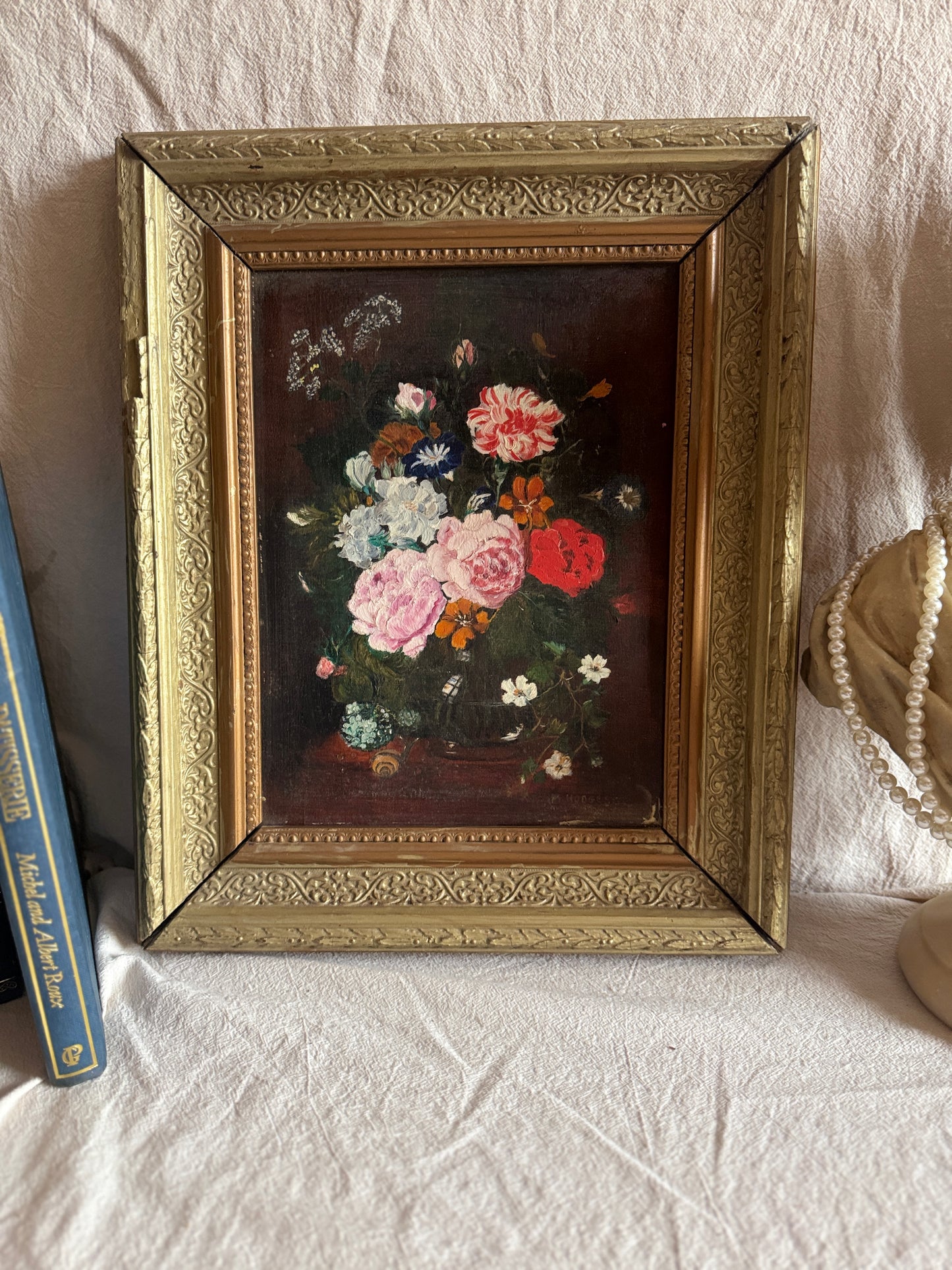 Heavy Antique Frame with Floral Oil Painting SIgned by M.Hodges 1923