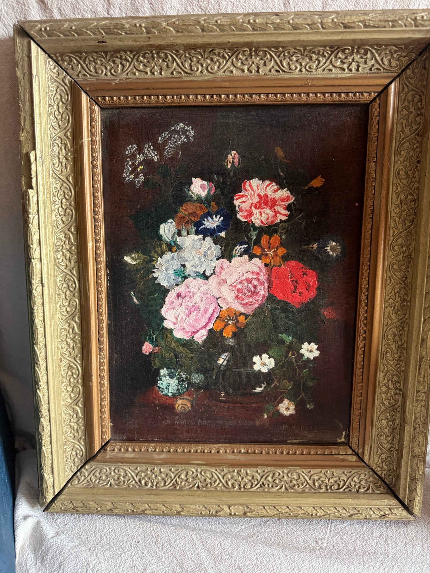 Heavy Antique Frame with Floral Oil Painting SIgned by M.Hodges 1923