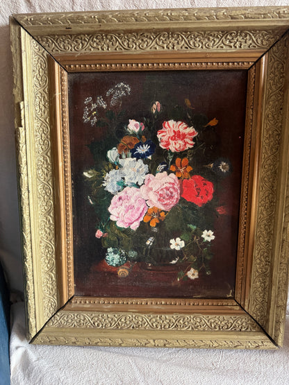 Heavy Antique Frame with Floral Oil Painting SIgned by M.Hodges 1923