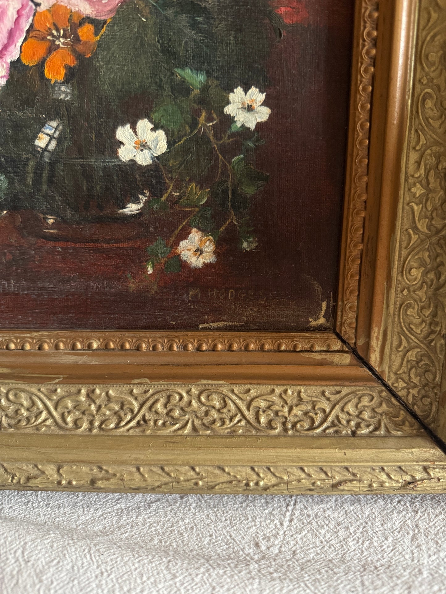 Heavy Antique Frame with Floral Oil Painting SIgned by M.Hodges 1923